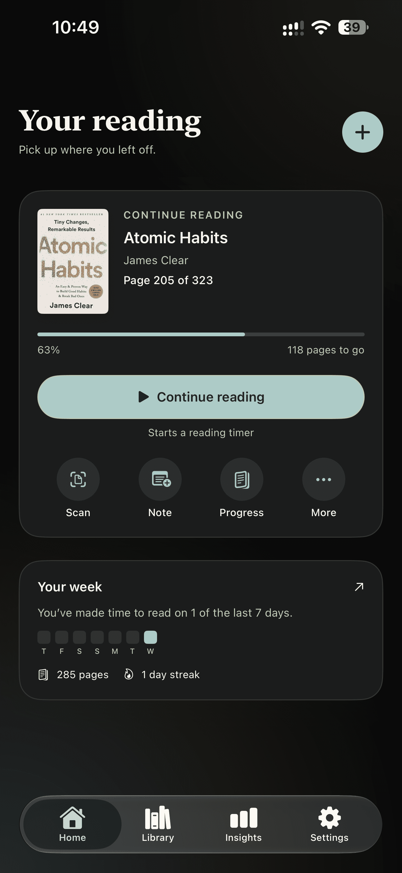 Booklume home screen showing Atomic Habits at 63% with a Continue reading button, quick actions, and a weekly reading streak