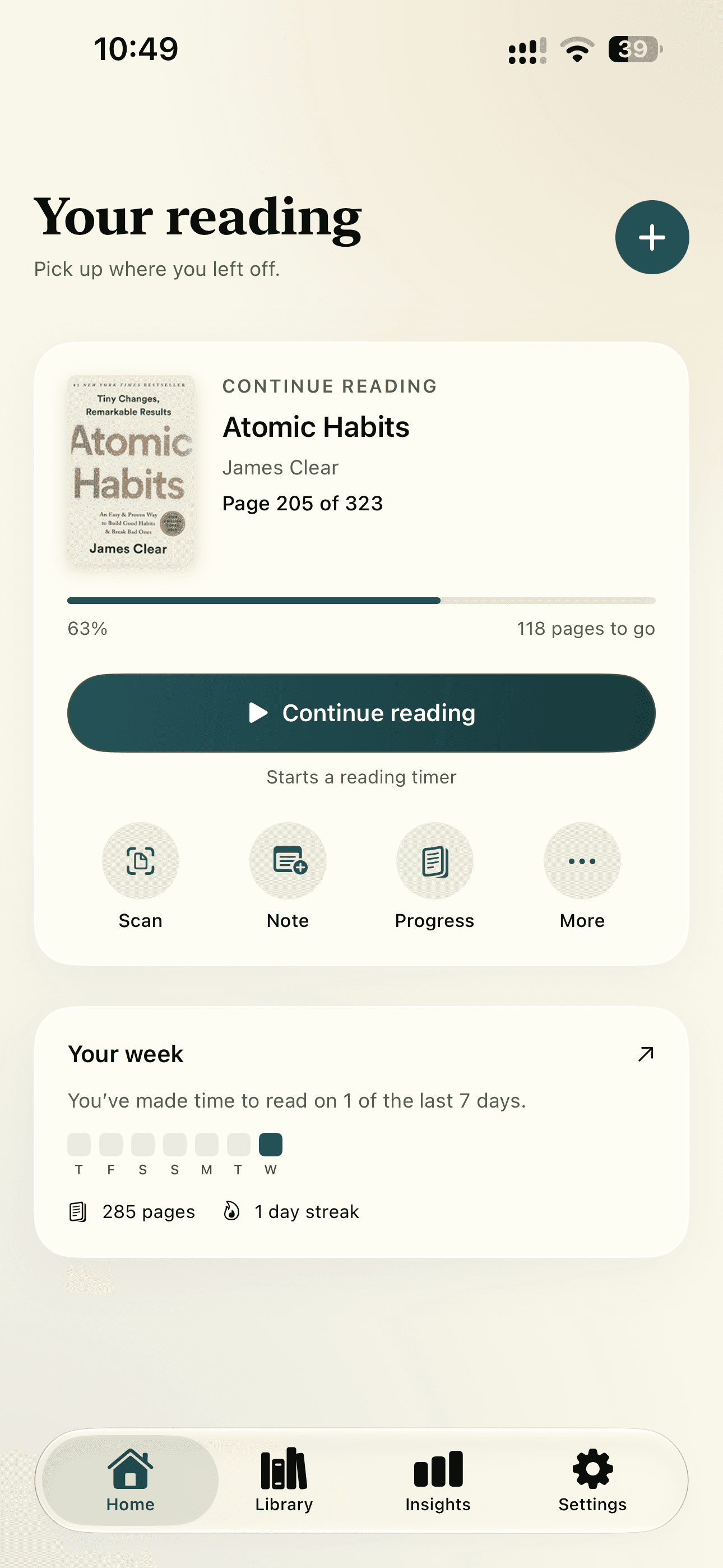 Booklume home screen showing Atomic Habits at 63% with a Continue reading button, quick actions, and a weekly reading streak