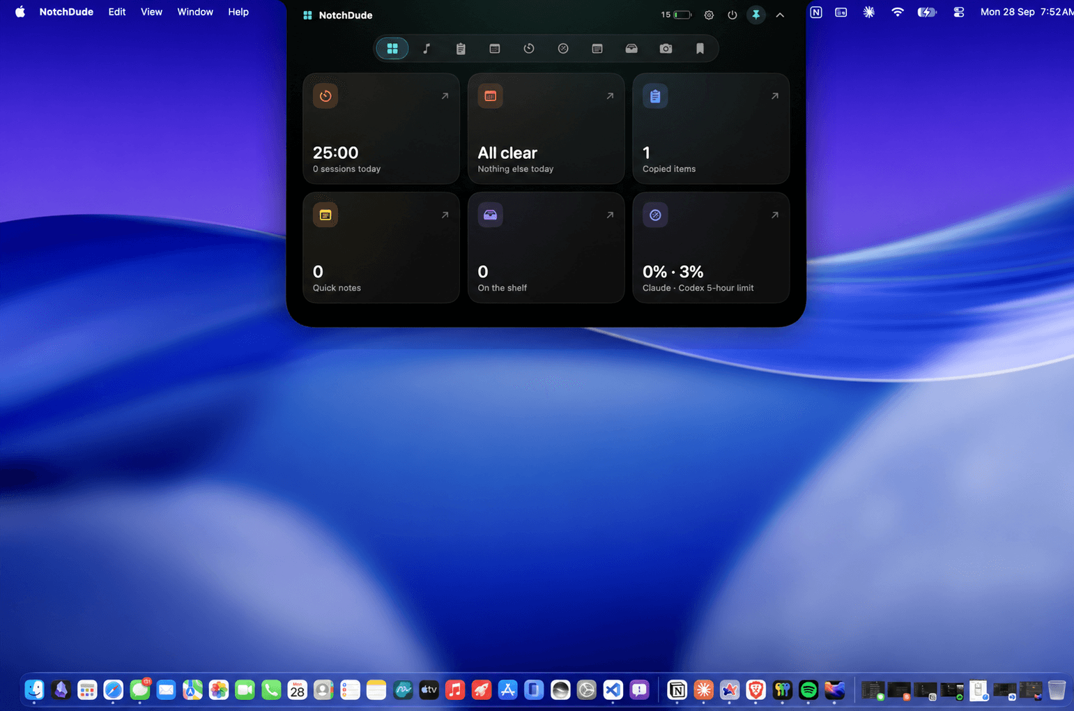 NotchDude open from the MacBook notch, showing focus, calendar, clipboard, notes, file shelf, and AI usage widgets